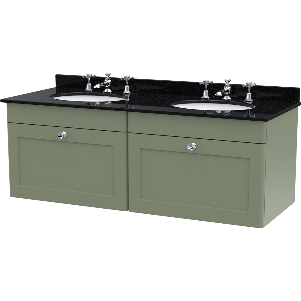 nuie Classique 2 Drawer Satin Green and Black Wall Hung Unit and 3 Tap Hole Marble Basin 1200mm Image 1