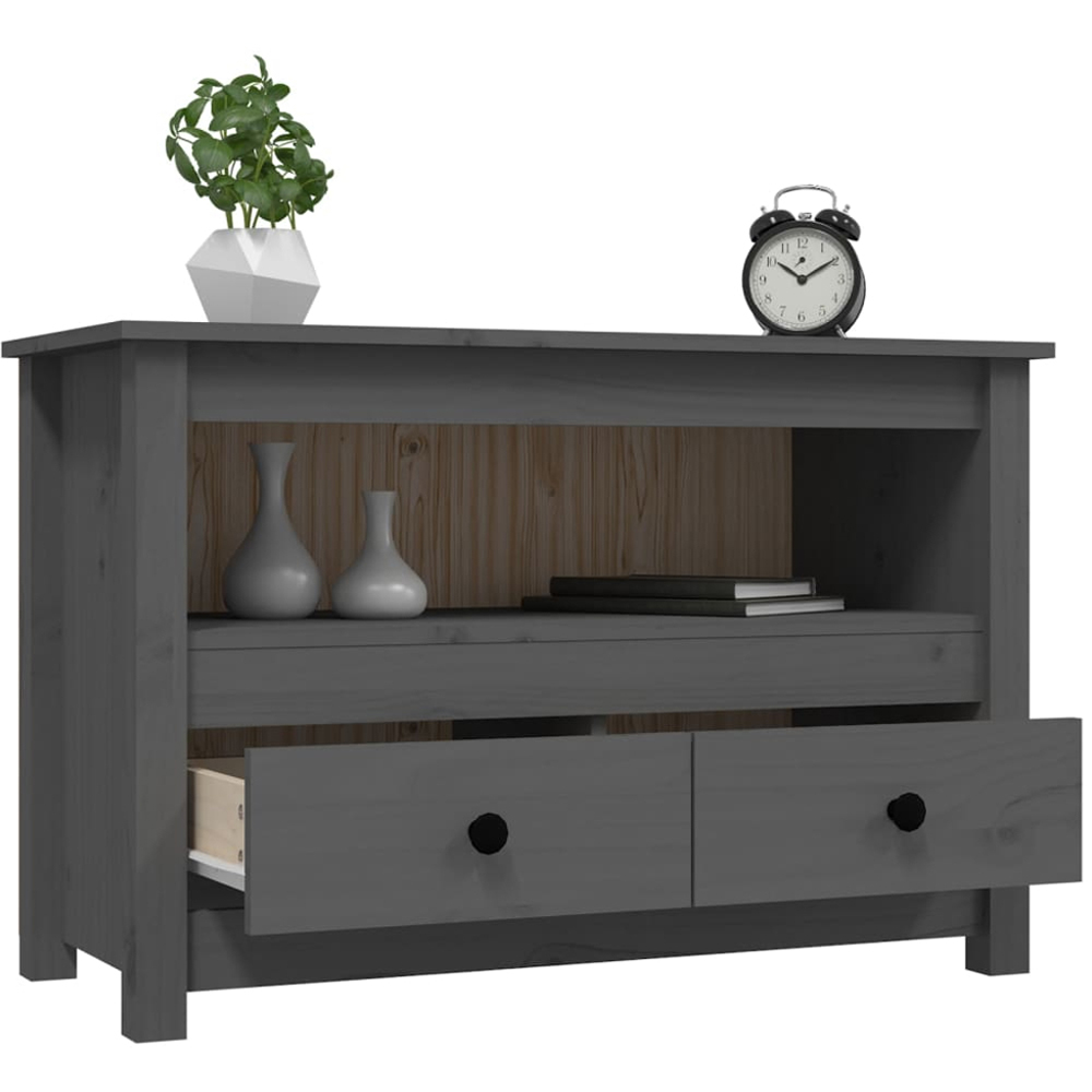 vidaXL 2 Drawer Single Shelf Grey Solid Pine Wood TV Cabinet Image 4