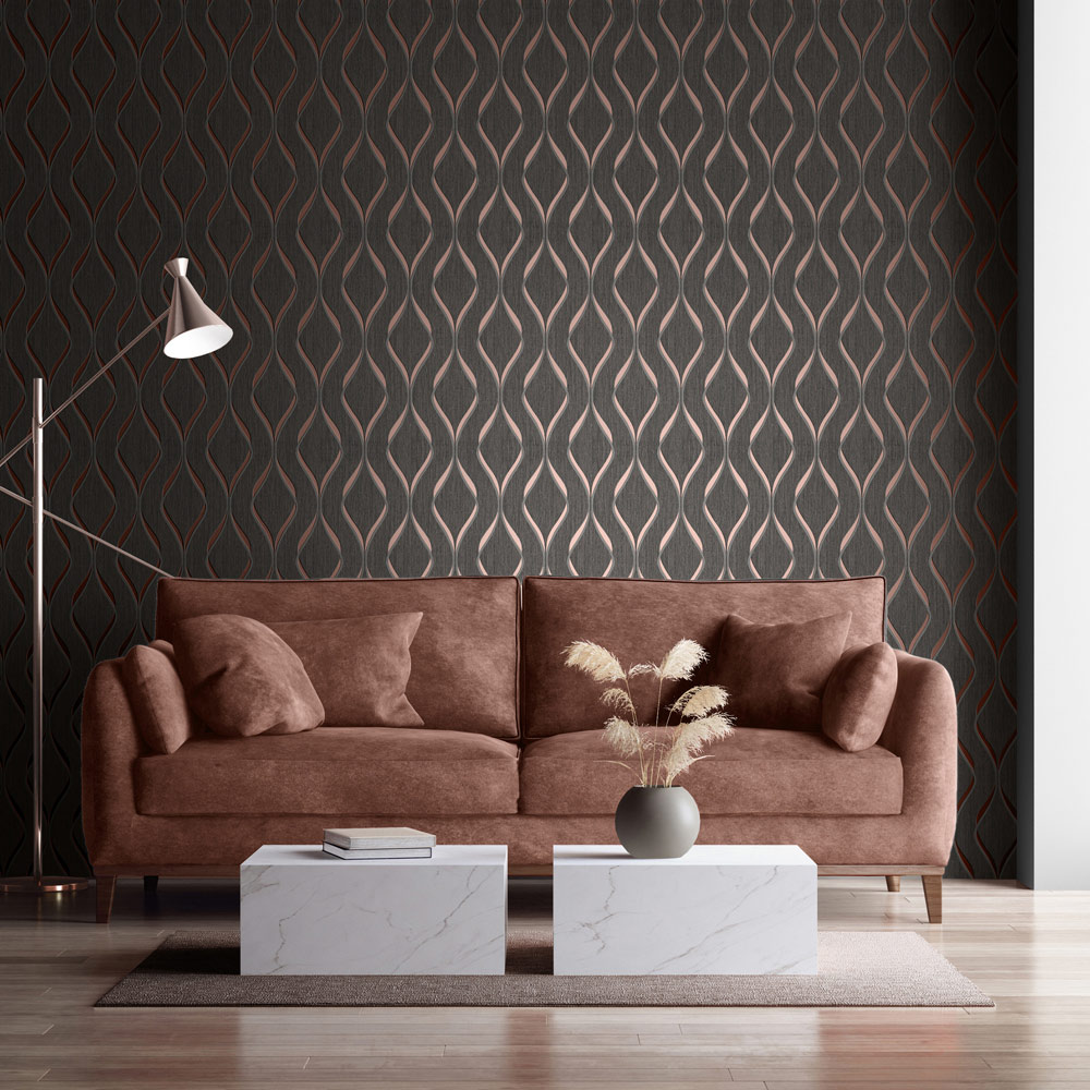 Muriva Wave Charcoal and Rose Wallpaper Image 4