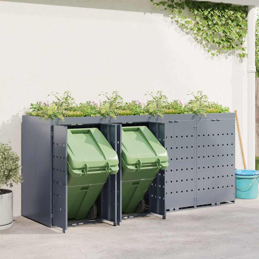 vidaXL Light Grey 4 Wheelie Bin Storage Shed with Planter Roof Image 2