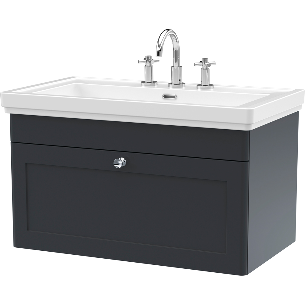 nuie Classique Single Drawer Soft Black Wall Hung Vanity Unit and 3 Tap Hole Fireclay Basin 800mm Image 1