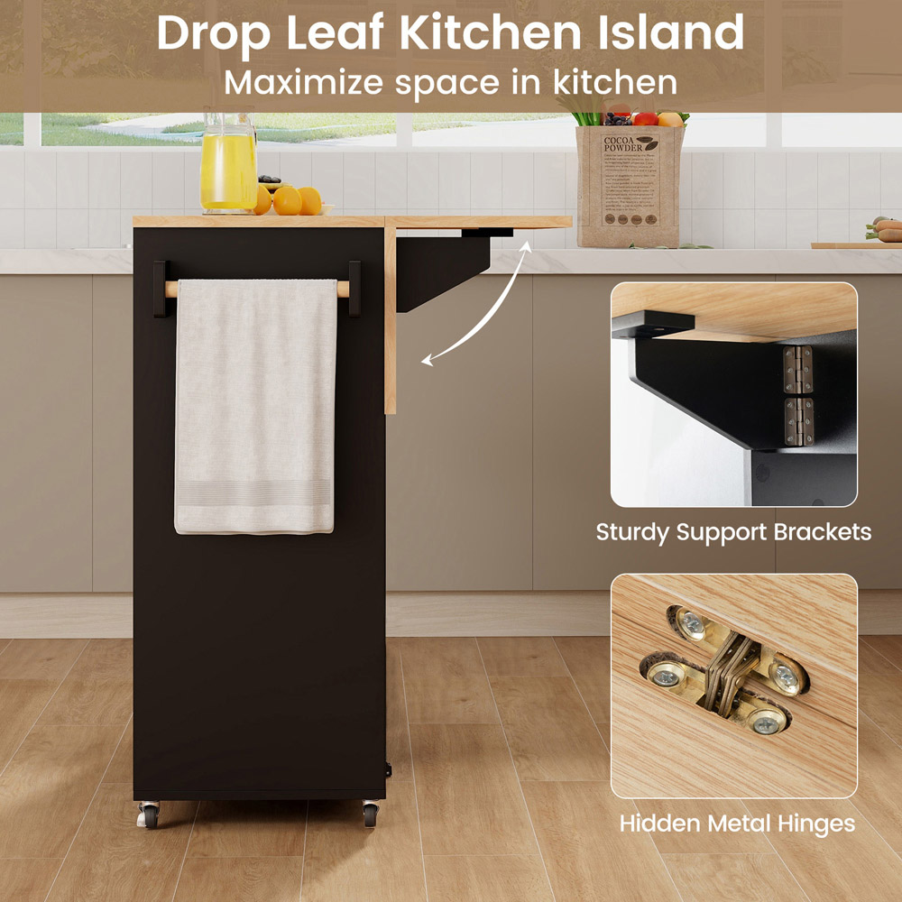 Costway 2 Door Single Drawer Black Mobile Drop Leaf Kitchen Island Cart with Wine Rack Image 5