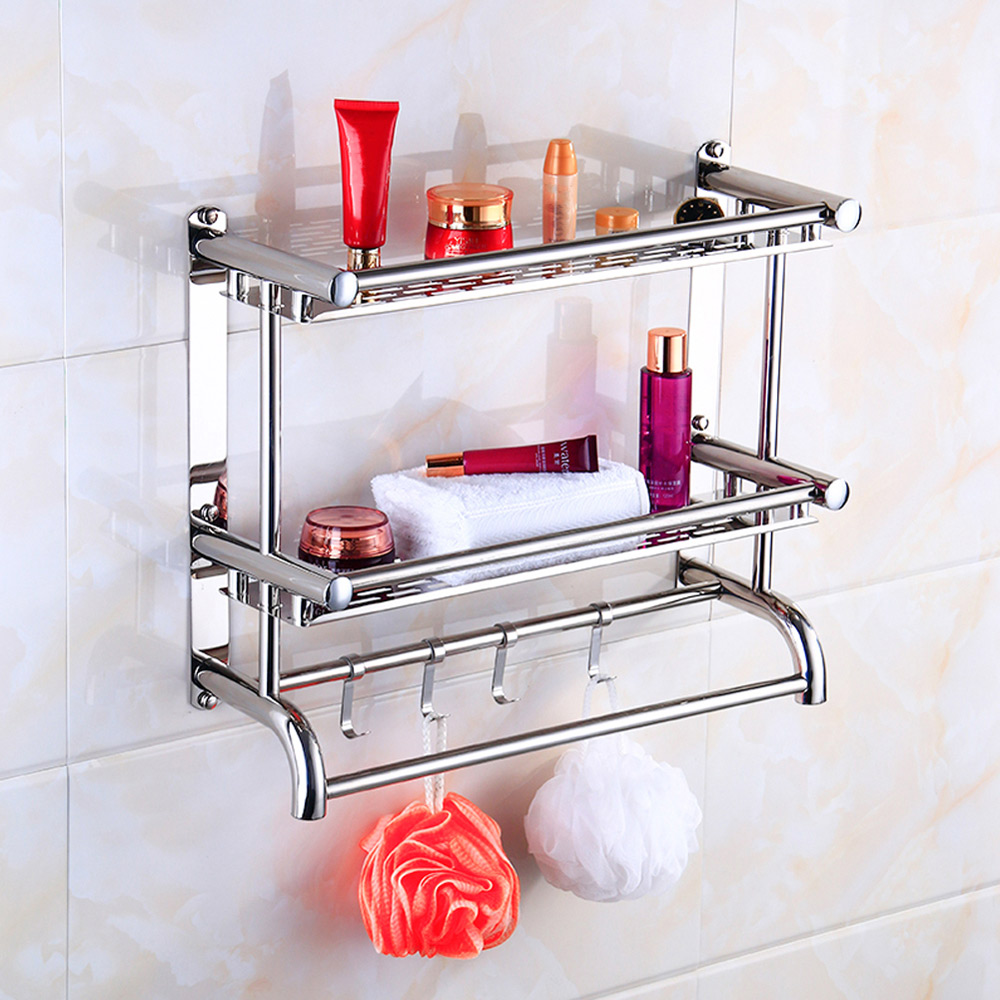 Living And Home WH0925 Silver Stainless Steel 2-Tier Bathroom Towel Rail With Hooks Image 7