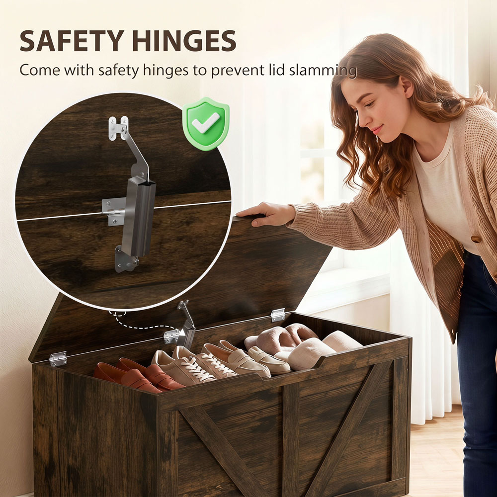 HOMCOM 100L Rustic Brown Storage Trunk with Safety Hinge Image 6