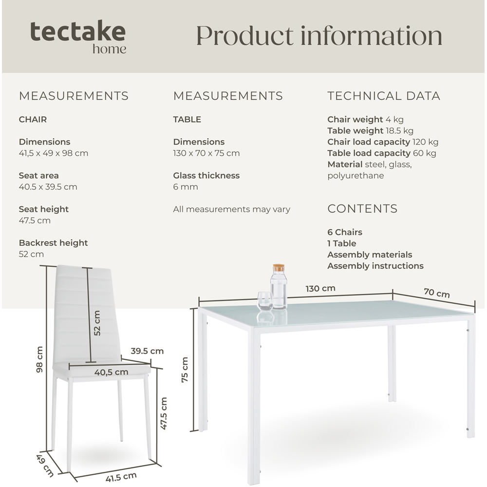 tectake Brandenburg 6 Seater White Faux Leather Dining Table Set Image 7