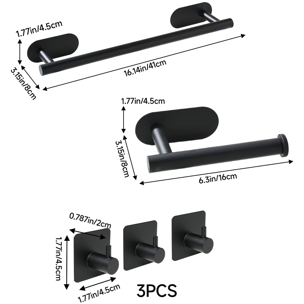 Living and Home 5-Piece Black Wall-Mounted Stainless Steel Bathroom Hardware Set with 3 Hooks Image 8