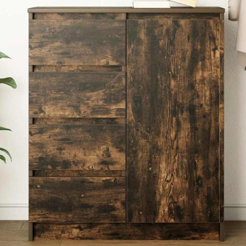 vidaXL Single Door 4 Drawer Smoked Oak Sideboard Image 1