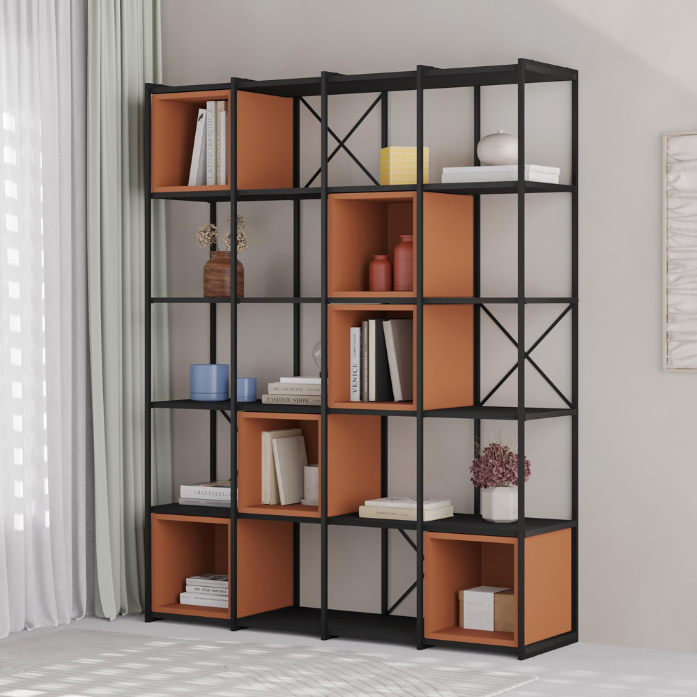 Decortie Vale Maxi 20 Shelf Black Wood and Cinnamon Bookcase Image 4