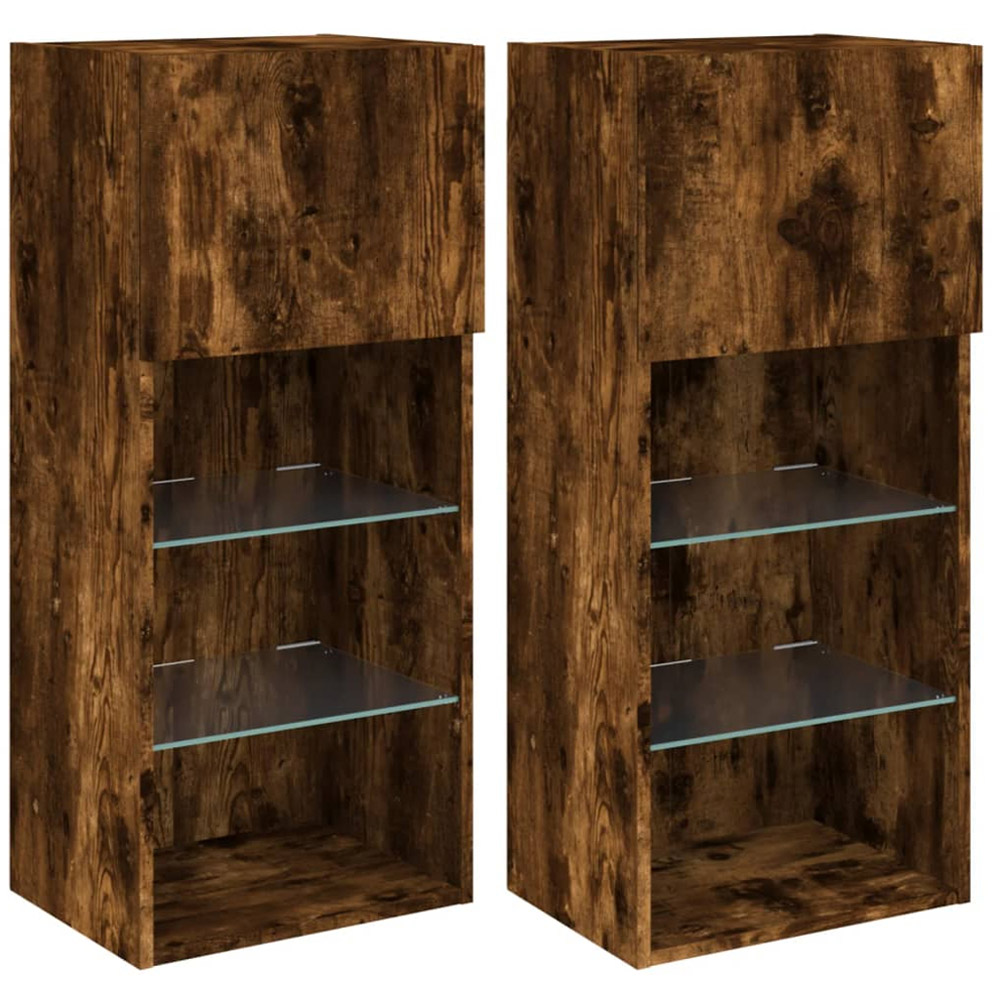 vidaXL Single Door 3 Open Shelf Smoked Oak TV Cabinet with LED Light Set of 2 Image 2