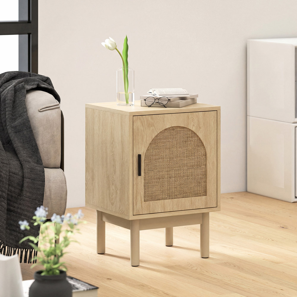 HOMCOM Boho Single Door Natural Rattan Bedside Table Image 4