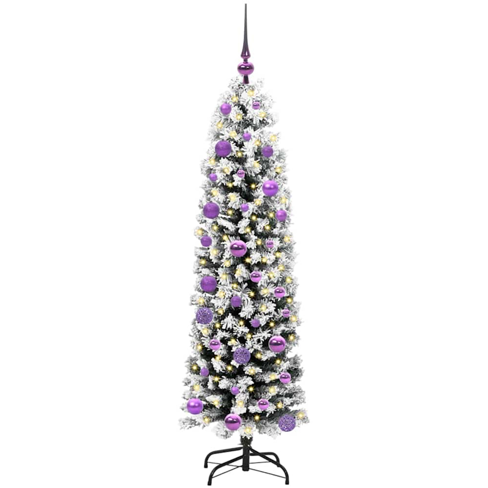 vidaXL Green Snow Flocked Artificial Christmas Tree with LEDs Lilac Decoration Ornaments 5ft Image 1