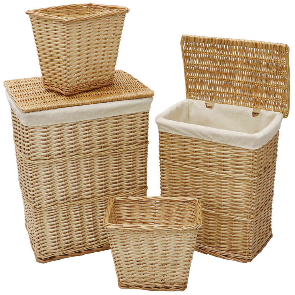 JVL Acacia Honey Rectangular Willow Laundry Baskets Set of 2 with 2 Waste Paper Baskets Image 1