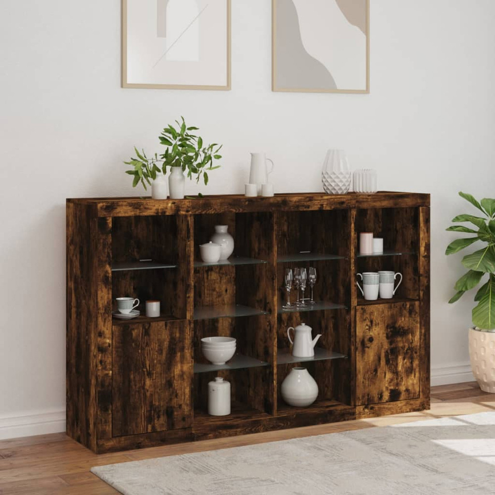 vidaXL 2 Door 12 Shelf Smoked Oak Wide Sideboard with LED Lights 3 Piece Image 4