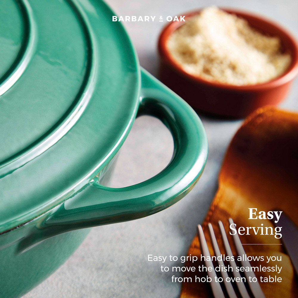 Barbary & Oak 28cm Verdigris Green Cast Iron Shallow Casserole Dish with Domed Lid Image 7