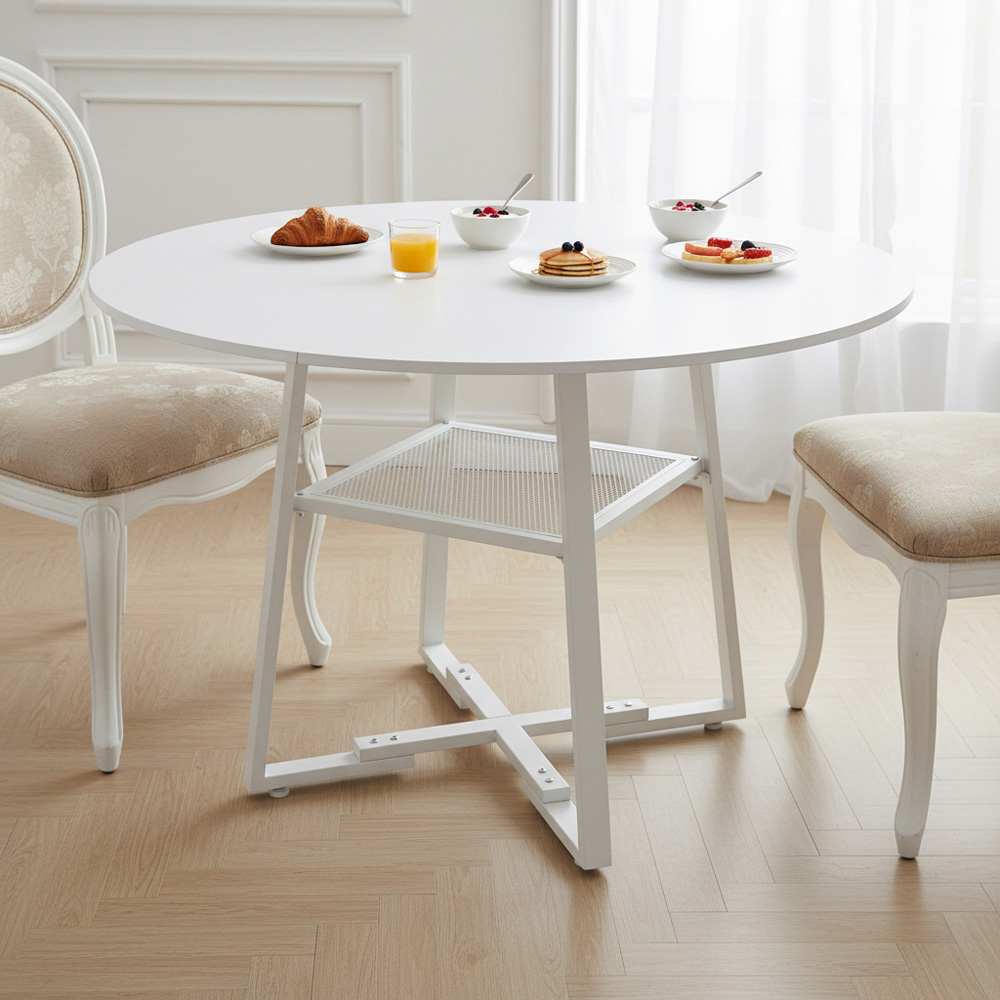 Living and Home 4 Seater White Round Dining Table with Storage Shelf Image 8