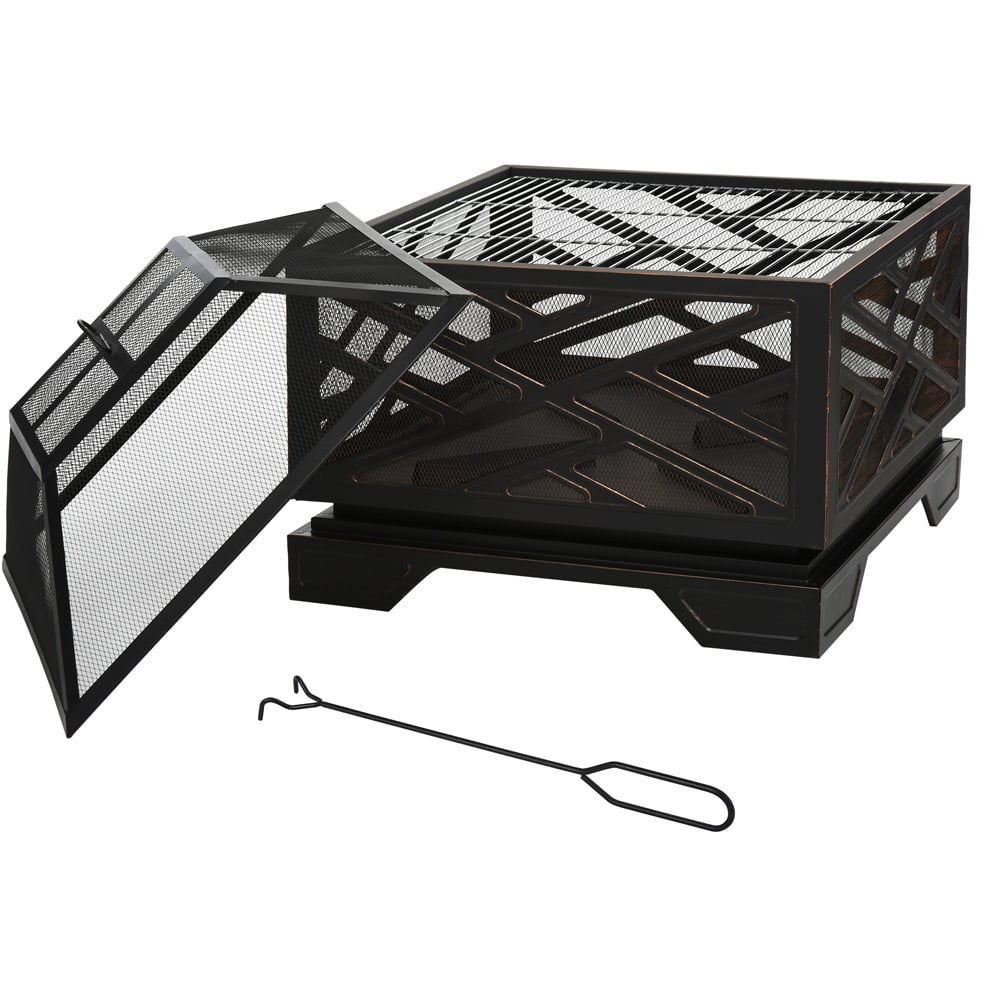 Outsunny Steel BBQ Fire Pit with Poker and Mesh Lid Image 1