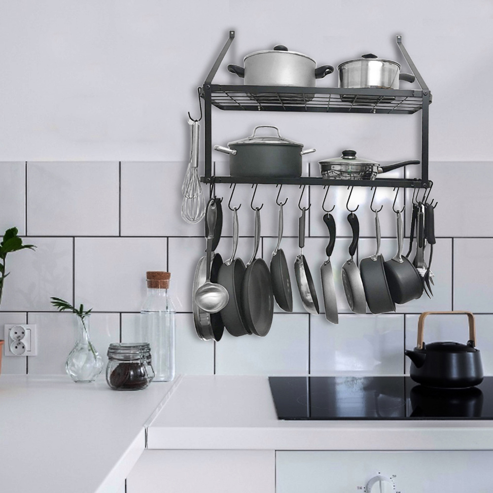 Living and Home Black Metal 2-Tier Wall-Mounted Pot Rack Image 8