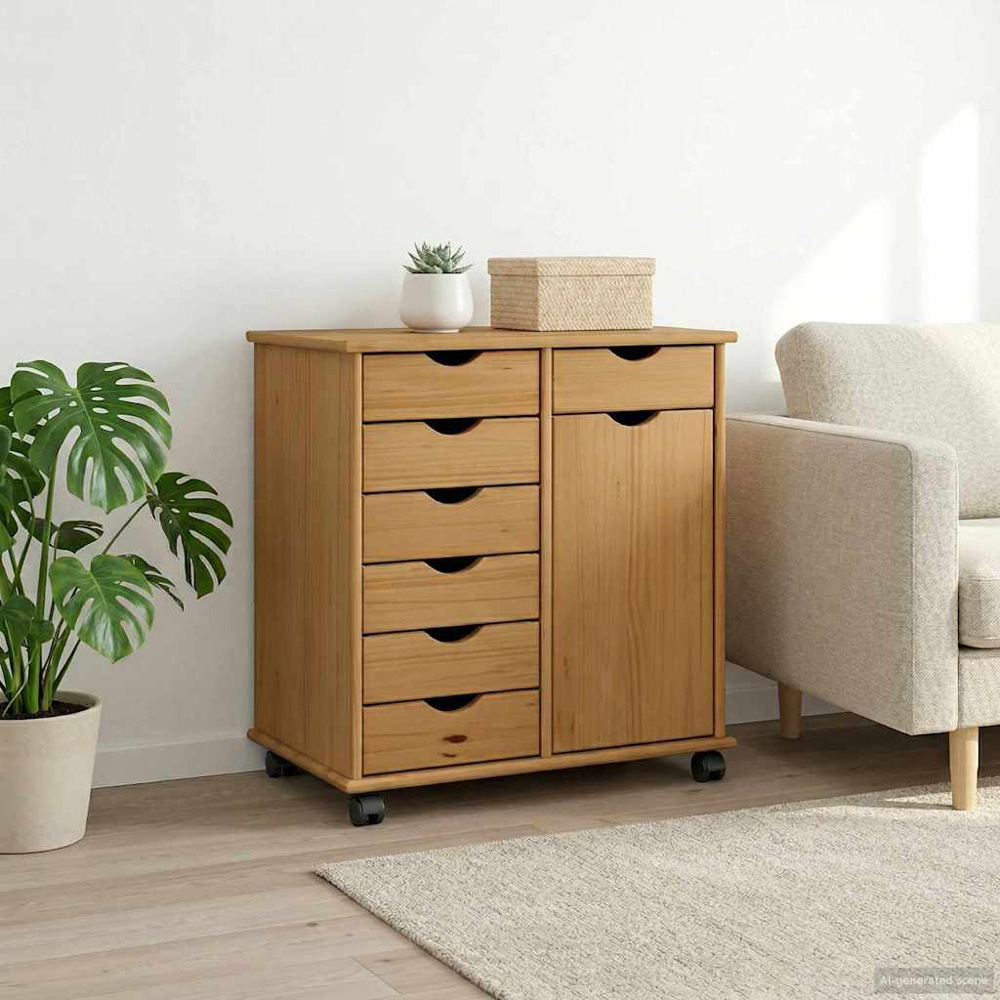 vidaXL Single Door 7 Drawer Honey Brown Rolling Storage Cabinet Image 8