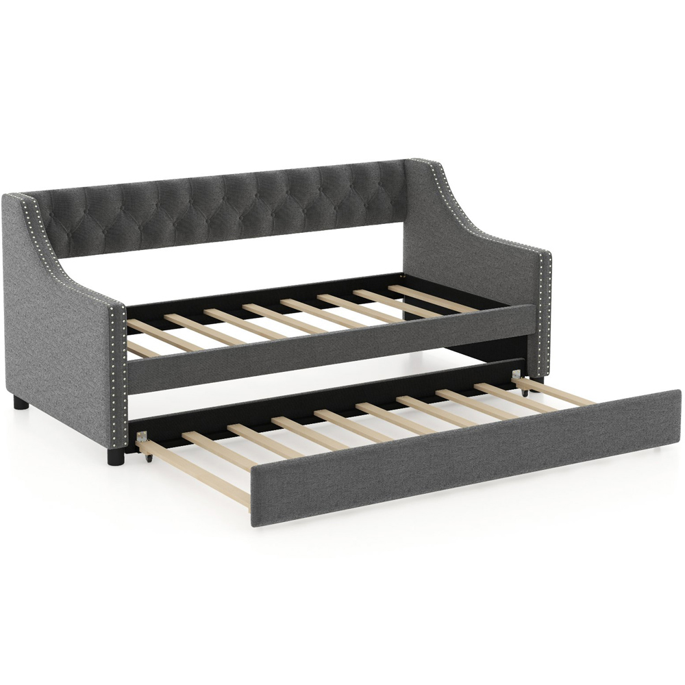 Costway Single Grey Linen Trundle Bed with Backrest Image 2