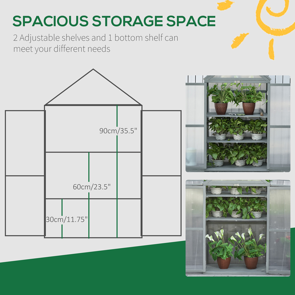 Outsunny 3 Shelf Grey Wooden Polycarbonate 2.6 x 1.5ft Cold Frame Greenhouse Image 6