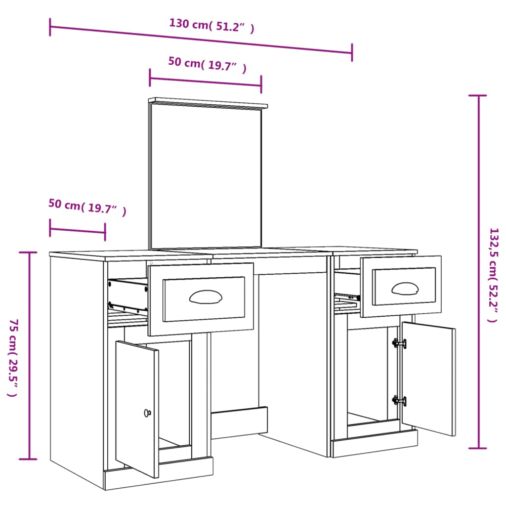 vidaXL 2 Door 2 Drawer Concrete Grey Dressing Table with Mirror Image 9