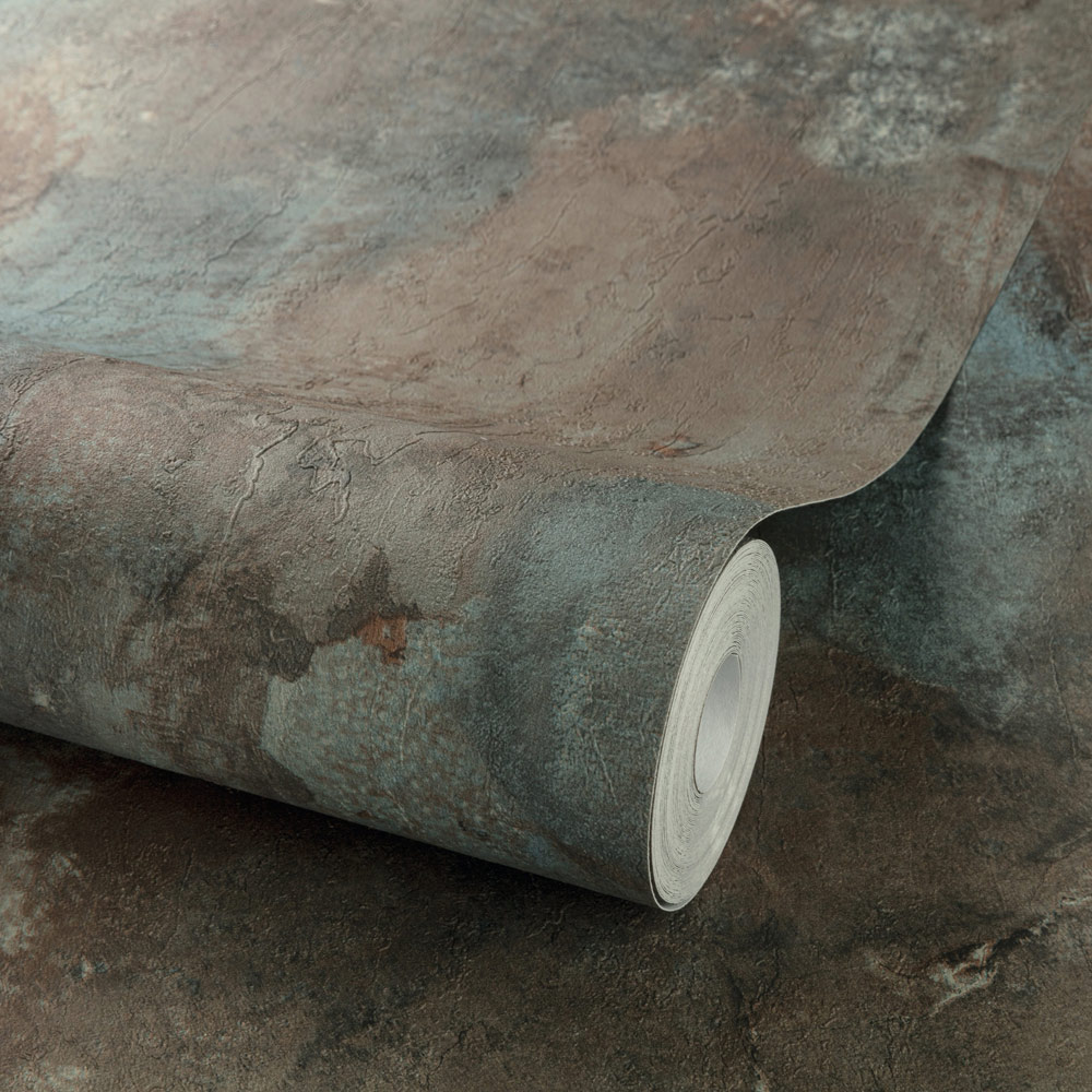 Grandeco Brandenburg Rustic Industrial Concrete Textured Brown and Teal Wallpaper Image 2
