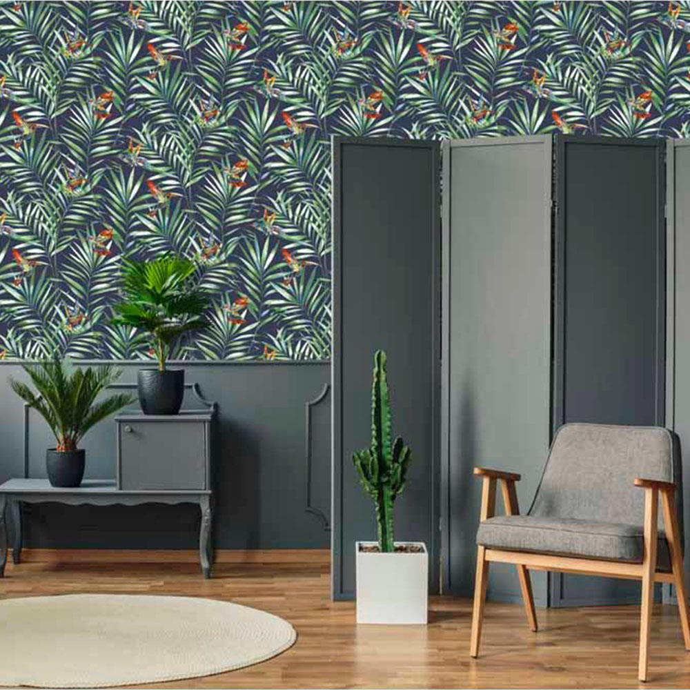 Fresco Hummingbird Navy Tropical Floral Wallpaper Image 4