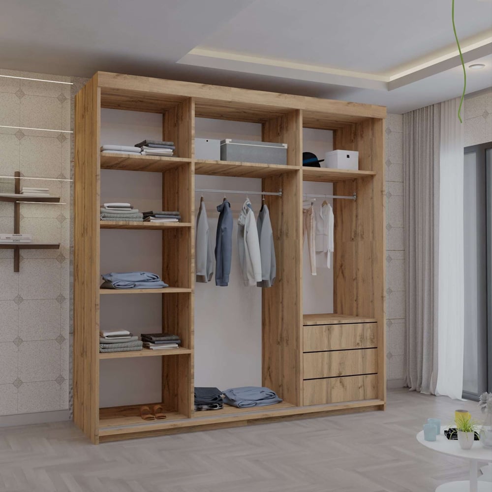 Modern Double Mirror Sliding Door Wardrobe with Shelves, Hanging Rails and Drawers (Oak 200cm) Image 4
