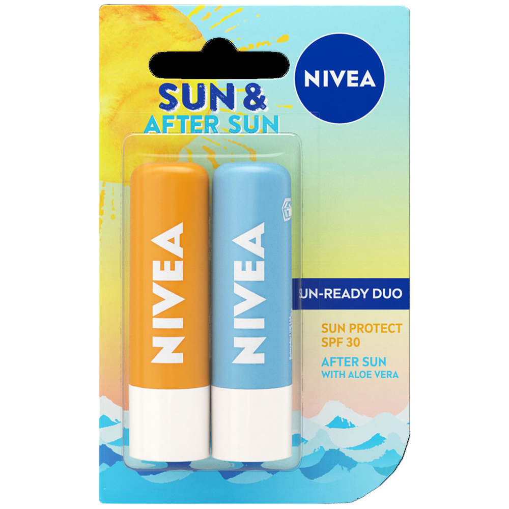 Nivea Sun and Aftersun Hydro Caring Lip Balm 2 Pack Wilko