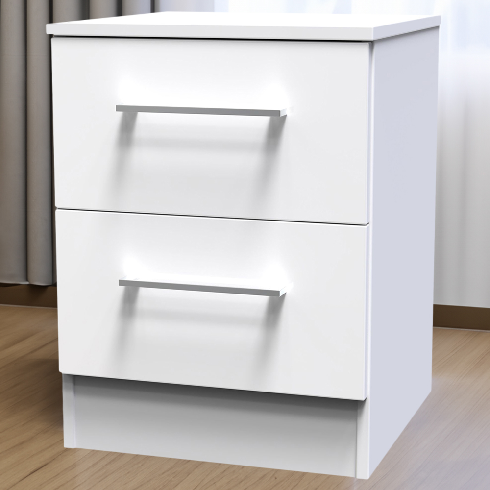 Crowndale Worcester 2 Drawer White Gloss Bedside Table with Wireless Charging Ready Assembled Image 1