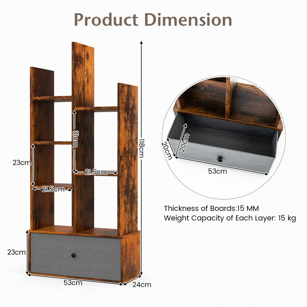 Costway Single Drawer 7 Shelf Rustic Brown Bookcase Image 9