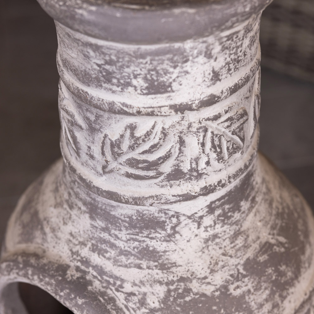 Charles Bentley Snug Acapulco Leaf Motif Grey Clay Chiminea with Lid and Stand Image 8
