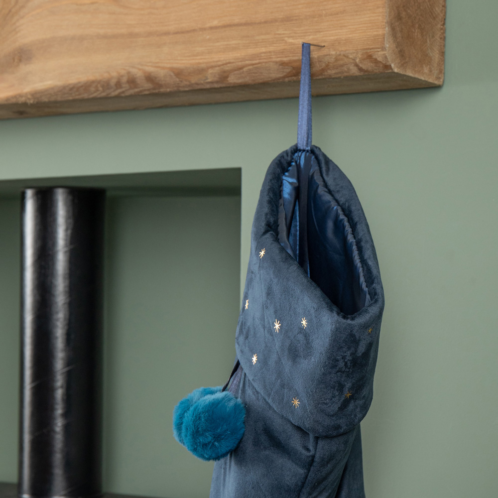 Samuel Alexander Dark Blue Velour Star Print Christmas Stocking with Pom Poms 70cm Image 7