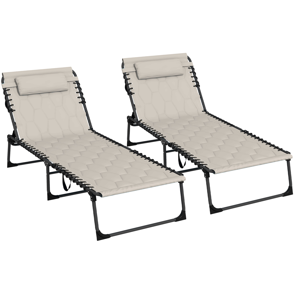 Outsunny Set of 2 Khaki Foldable Recliner Sun Lounger with Side Pocket Image 2