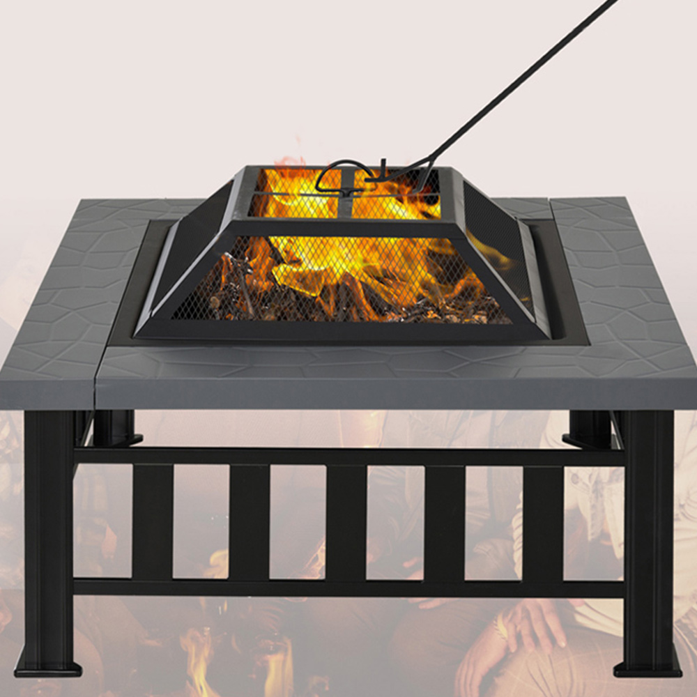 Outsunny Square Steel Garden Fire Bowl with Poker and Mesh Lid Image 4