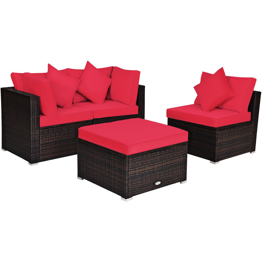 Costway 3 Seater Red Outdoor Rattan Conversation Set with Cushions and Pillows Image 2