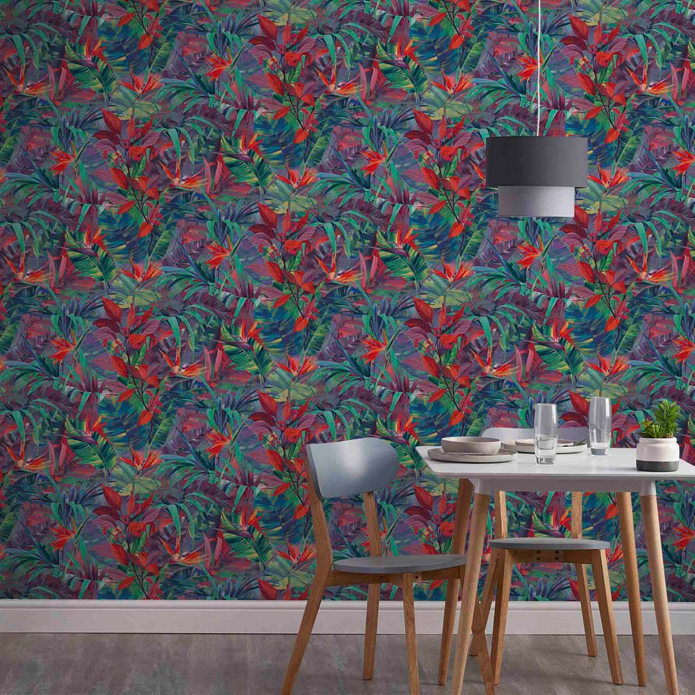 Grandeco Paradise Jungle Painted Flower Red and Green Textured Wallpaper Image 3