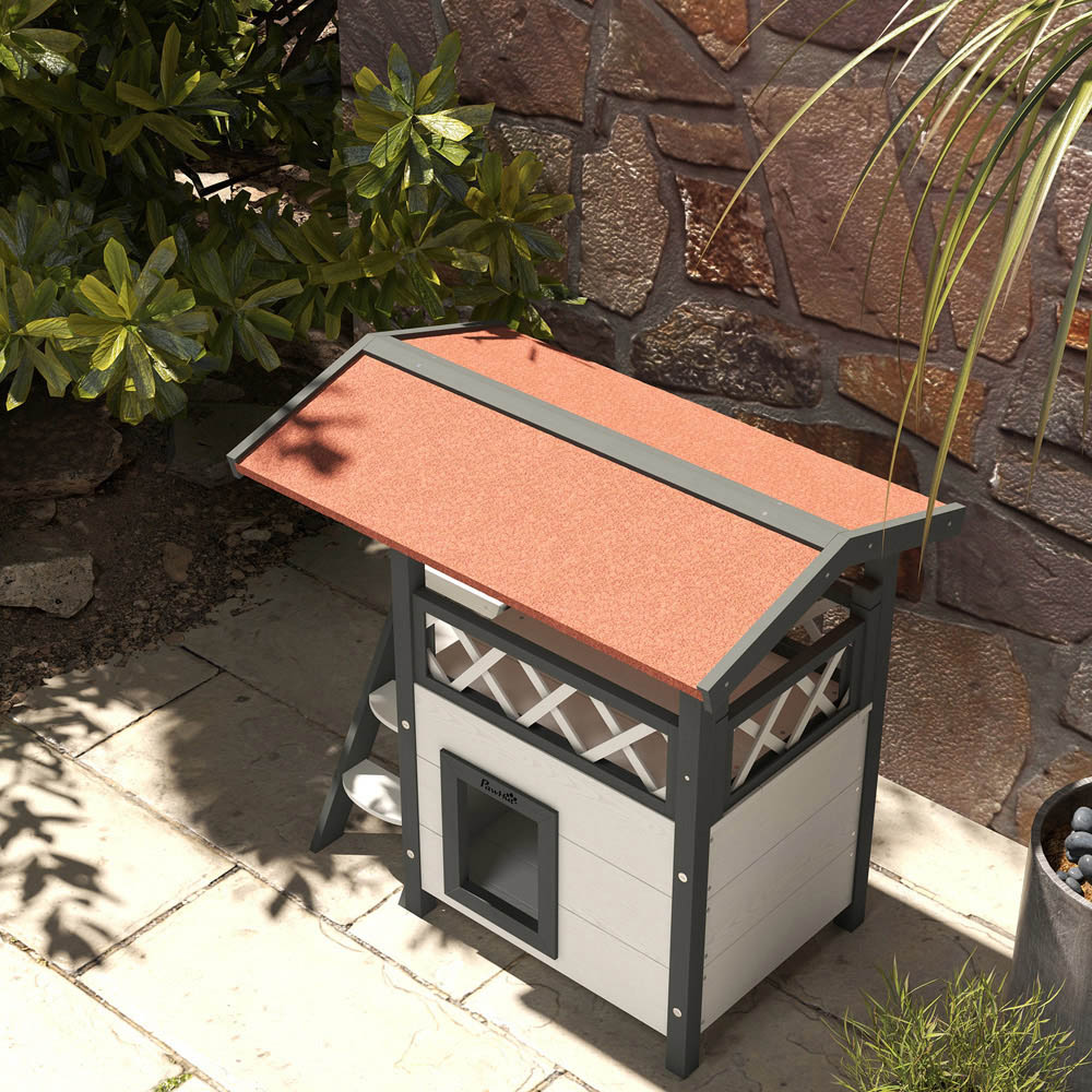 PawHut White Outdoor Cat House with Balcony Stairs Roof Image 3