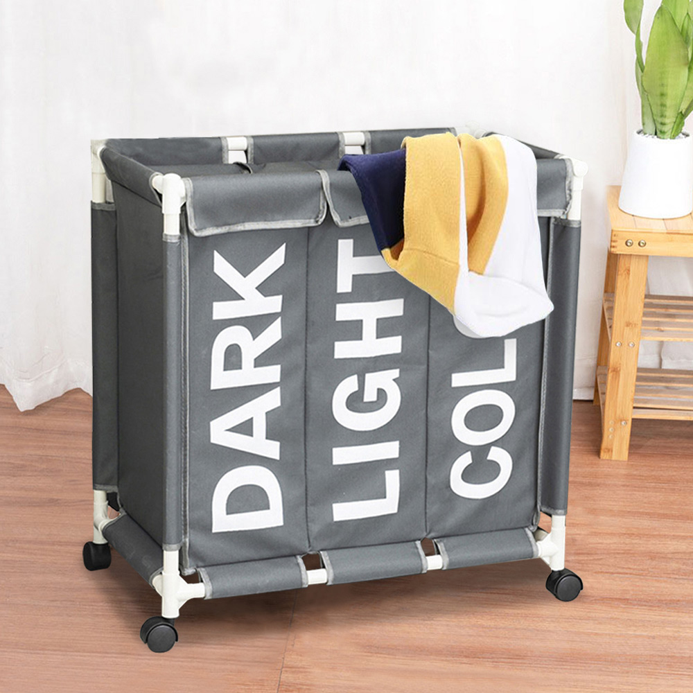 Living And Home WH0826 Grey Cotton Fabric On Wheels 3 Compartment Laundry Basket Image 2