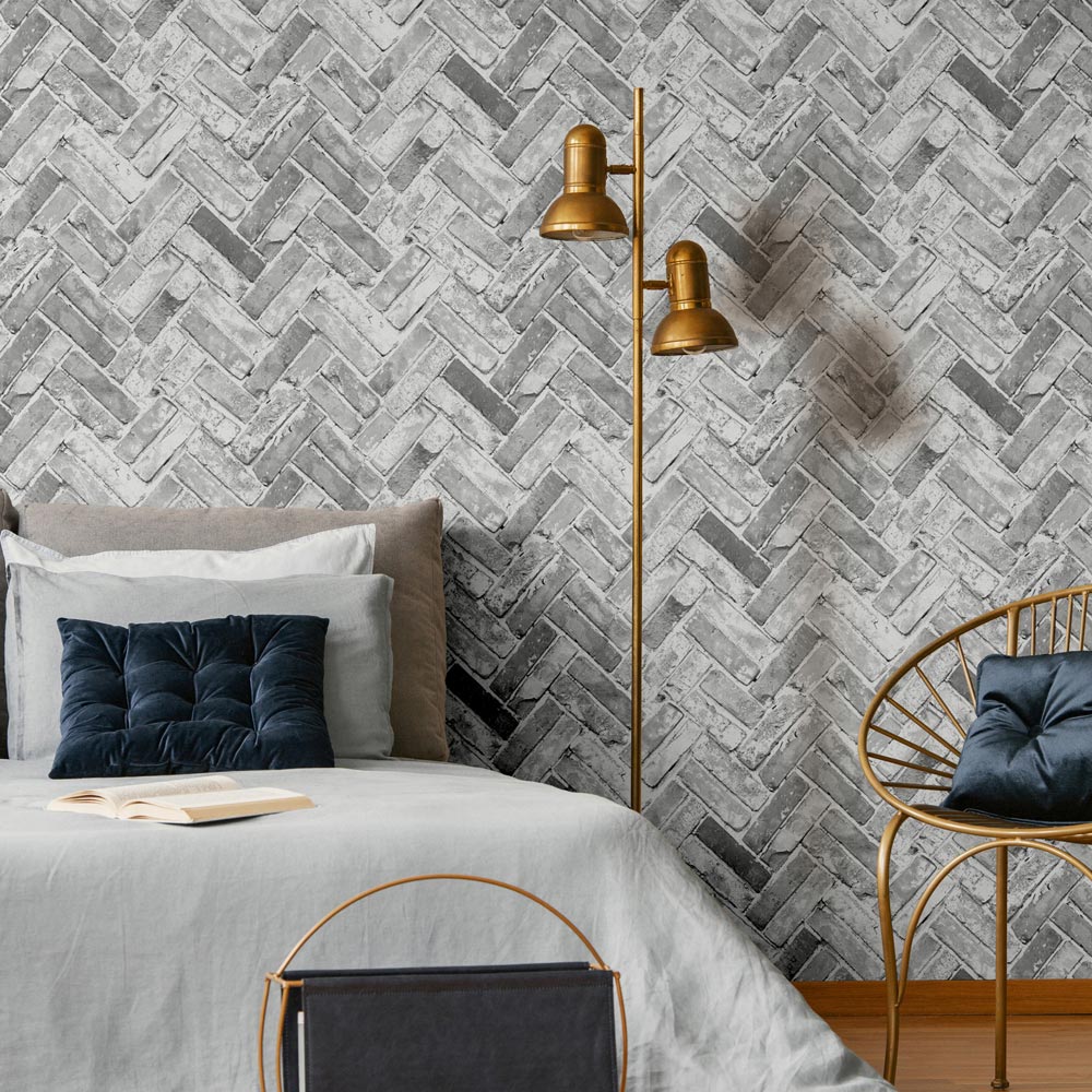 Muriva Herringbone Brick Grey Wallpaper Image 3
