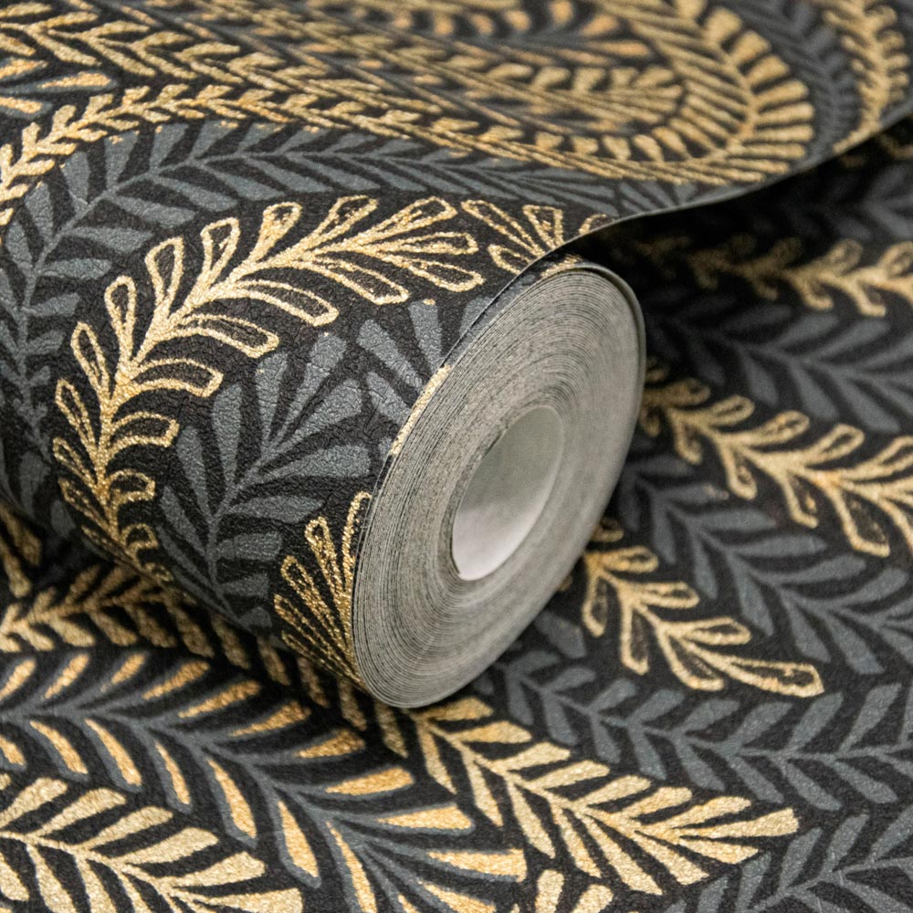 Grandeco Margot Ornamental Filigree Metallic Damask Black Gold Textured Wallpaper Image 2
