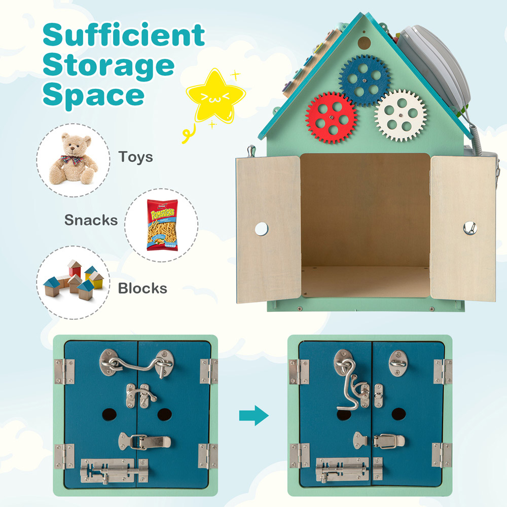 Costway Blue Wooden Busy House Toddler Learning Toy with Music Box Image 5