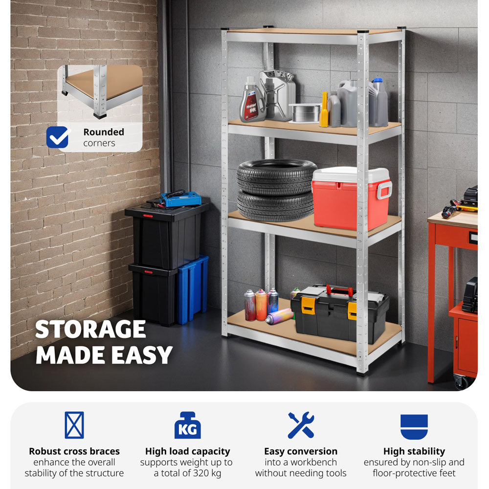 tectake 4 Shelf Silver Galvanised Steel Garage Shelving Unit 160 x 40 x 80cm Image 5