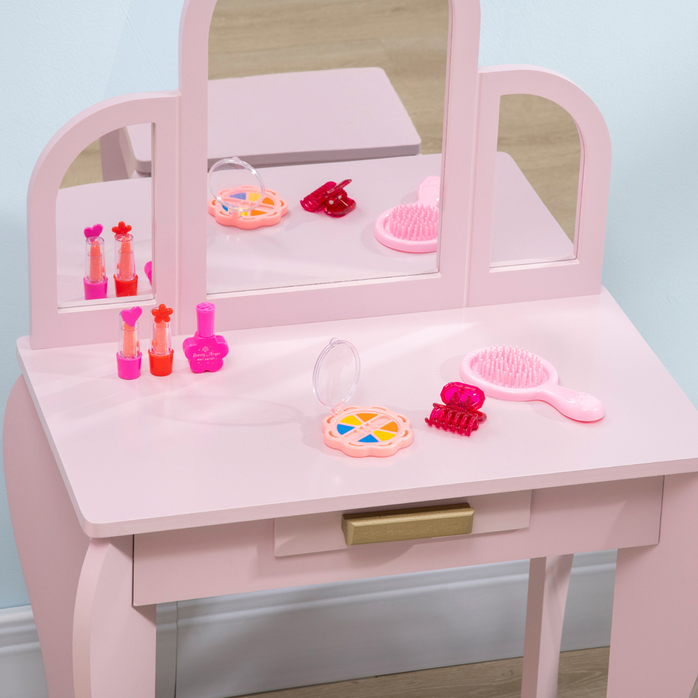 HOMCOM Kids Pink Dressing Table Set with Stool and Mirror Image 4
