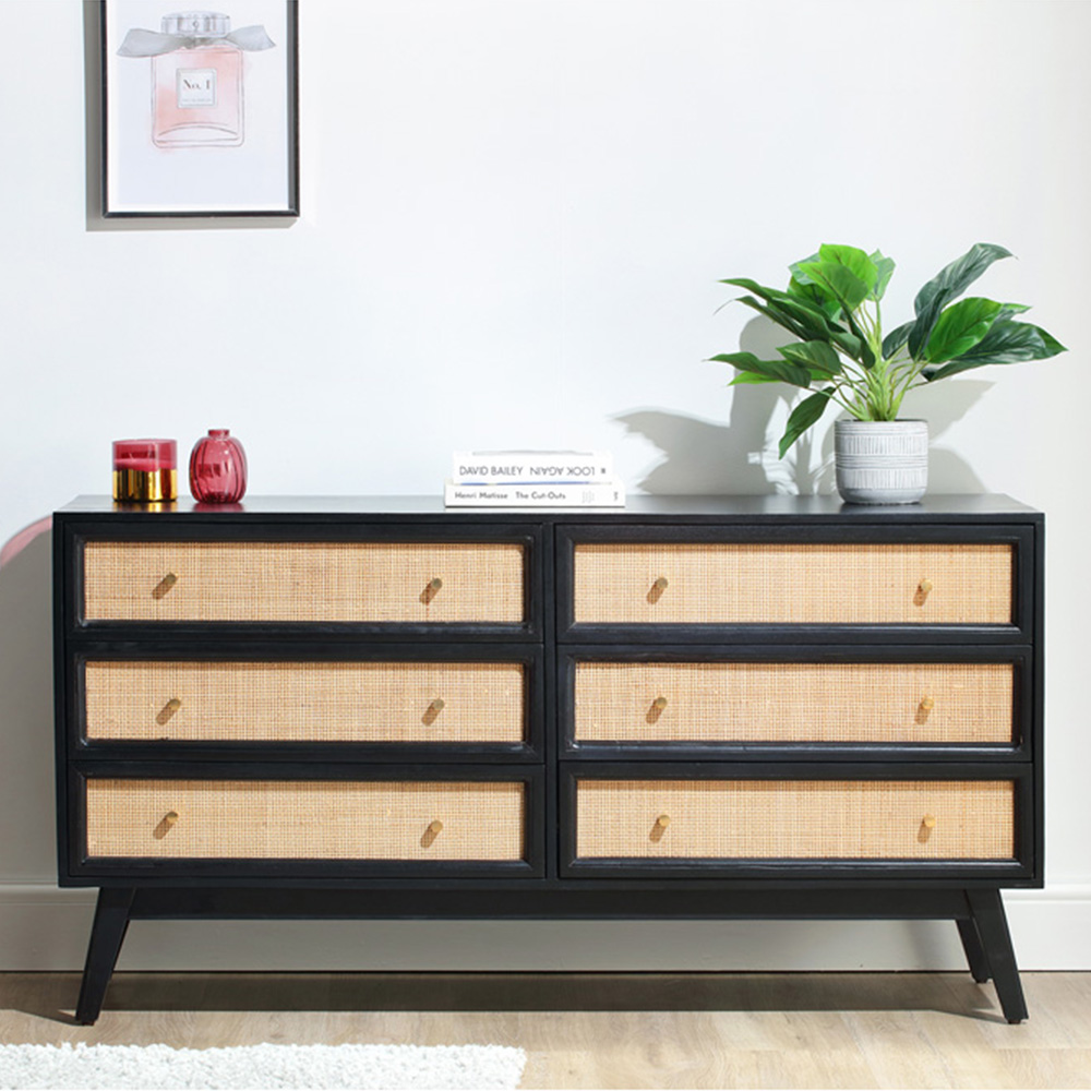 Desser Venice 6 Drawer Wide Black Rattan and Mango Wood Chest of Drawers Image 1