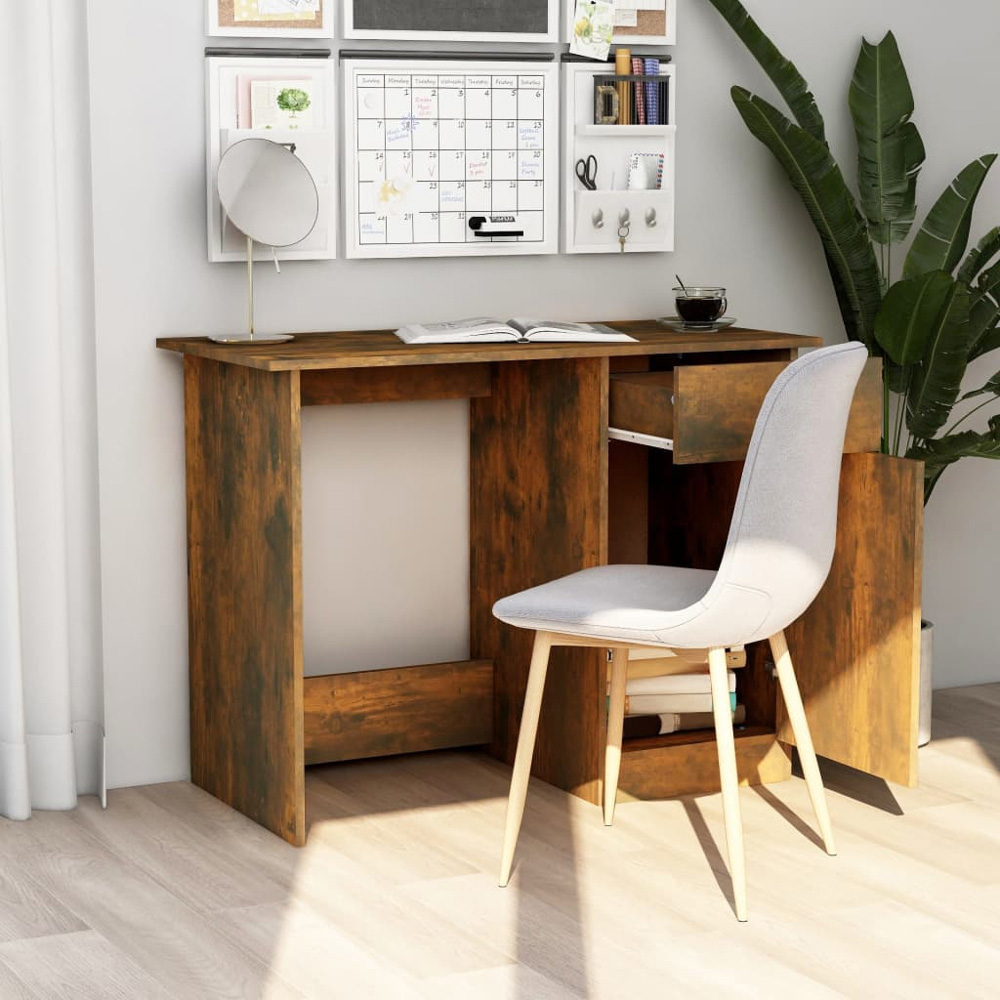 vidaXL Single Door Single Drawer Computer Desk Smoked Oak Image 8