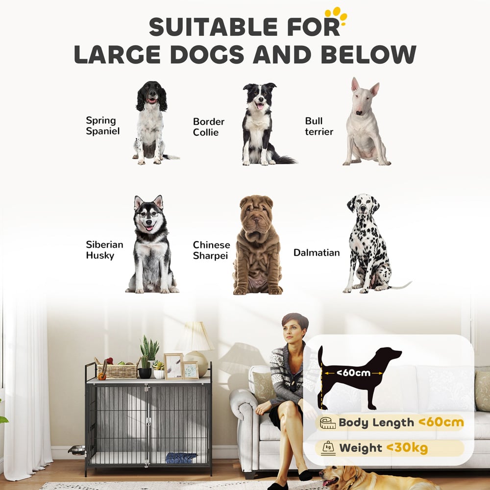 PawHut Grey Large Dog Crate with Rotating Bowl Holder Image 7