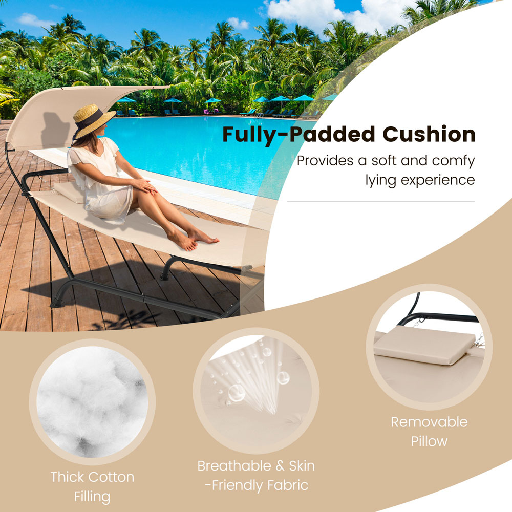 Costway Beige Canopy Garden Hammock with Cushion Image 6