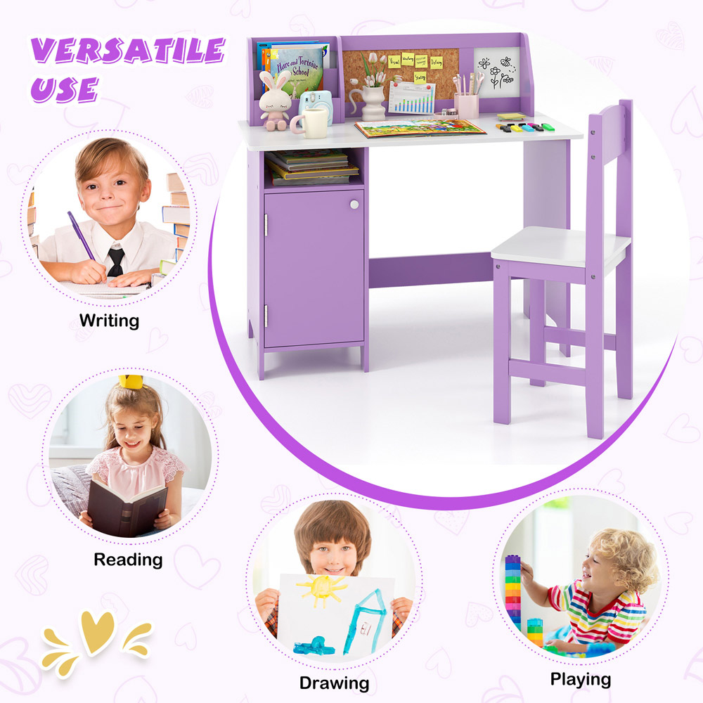 Costway Single Door Single Shelf Purple Kids Table and Chair Set with Hutch Image 8