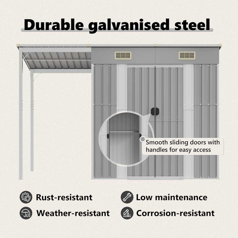 vidaXL 9 x 3.5ft Grey Galvanised Steel Garden Shed with Extended Roof Image 6